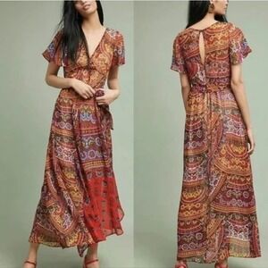 Anthropologie AKEMI + KIN Murol Maxi Dress 0 Wrapped Boho Floral Orange Pink